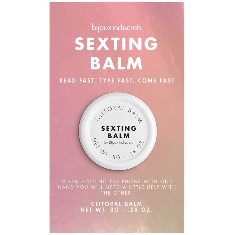 Confezione del Bijoux Indiscrets Sexting Balm con un barattolo sul davanti. Gradiente da blu a rosa.