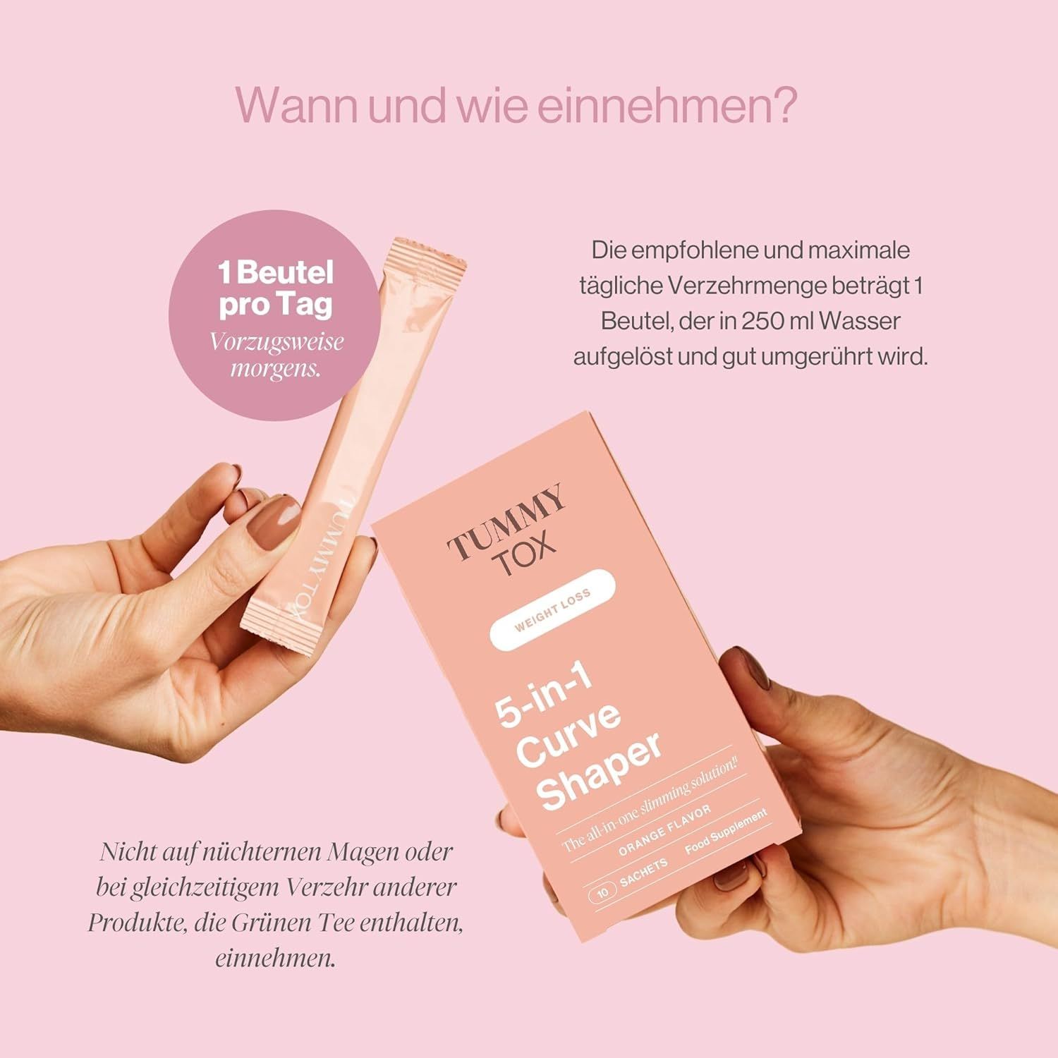 Mani che tengono confezione e bustina di Tummy Tox 5-in-1 Curve Shaper. Assunzione consigliata: 1 bustina al giorno, preferibilmente al mattino.