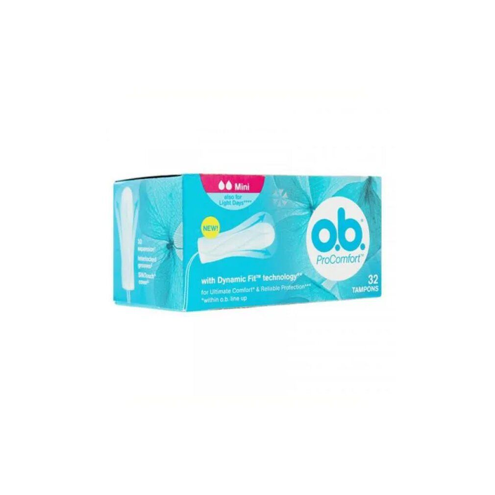 Confezione di tamponi O.B. ProComfort Mini. 32 pezzi. Confezione blu con immagine del prodotto e testo.