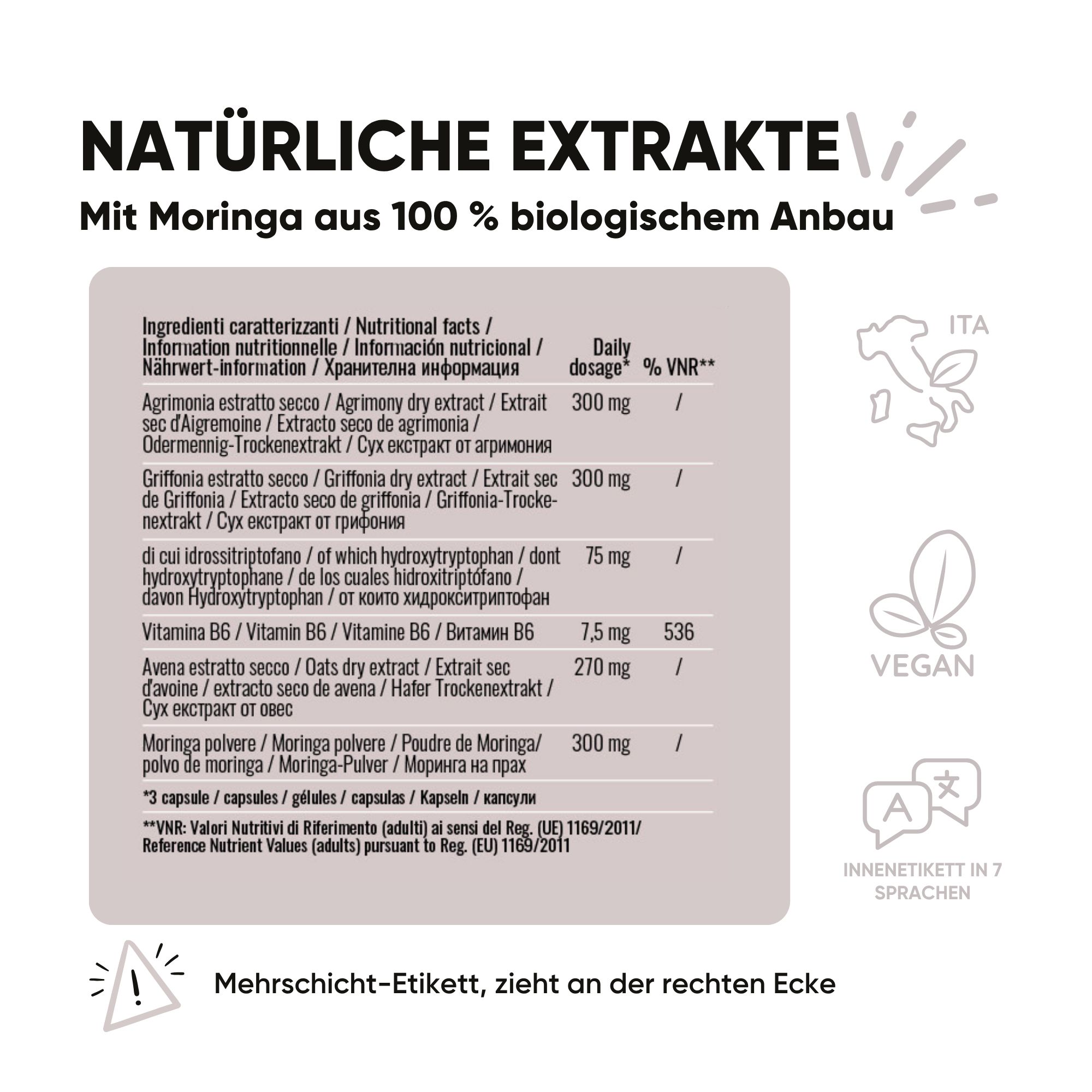 Informazioni nutrizionali per Agrimonia, Griffonia, Vitamina B6, Avena. Etichetta vegan e multilingue.