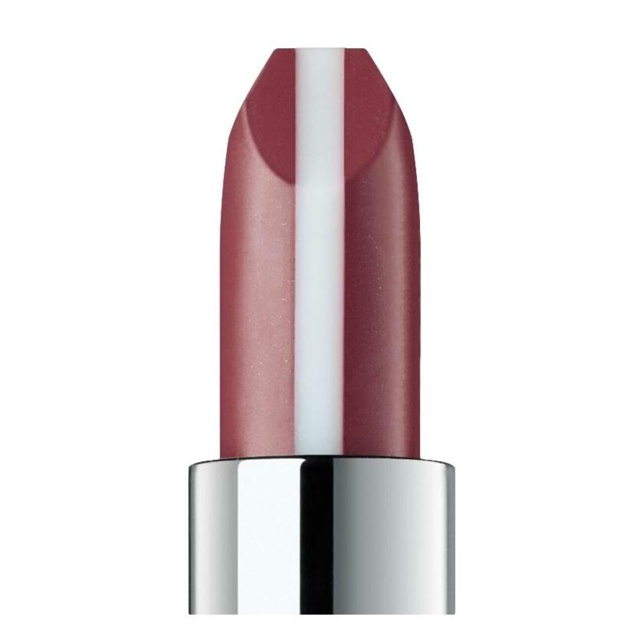 Primo piano di un rossetto. Il rossetto è rosso con una striscia bianca al centro. Custodia argentata.