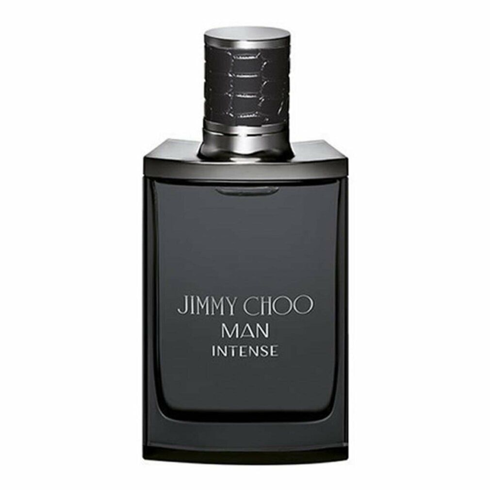 Flacone grigio scuro con tappo argentato. Scritta: JIMMY CHOO MAN INTENSE. Forma squadrata.