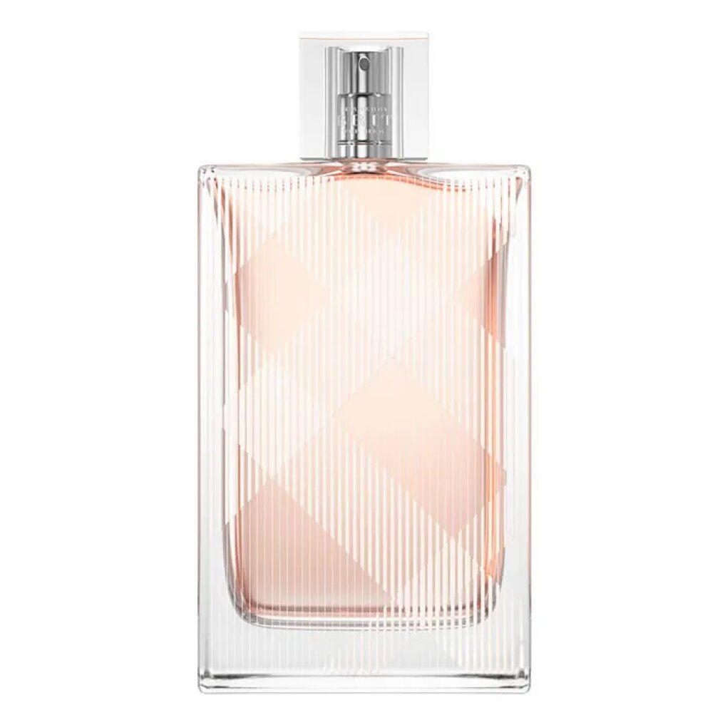 Burberry Brit Eau de Toilette Spray. Flacone trasparente con vaporizzatore argentato. Motivo geometrico. Liquido rosa.