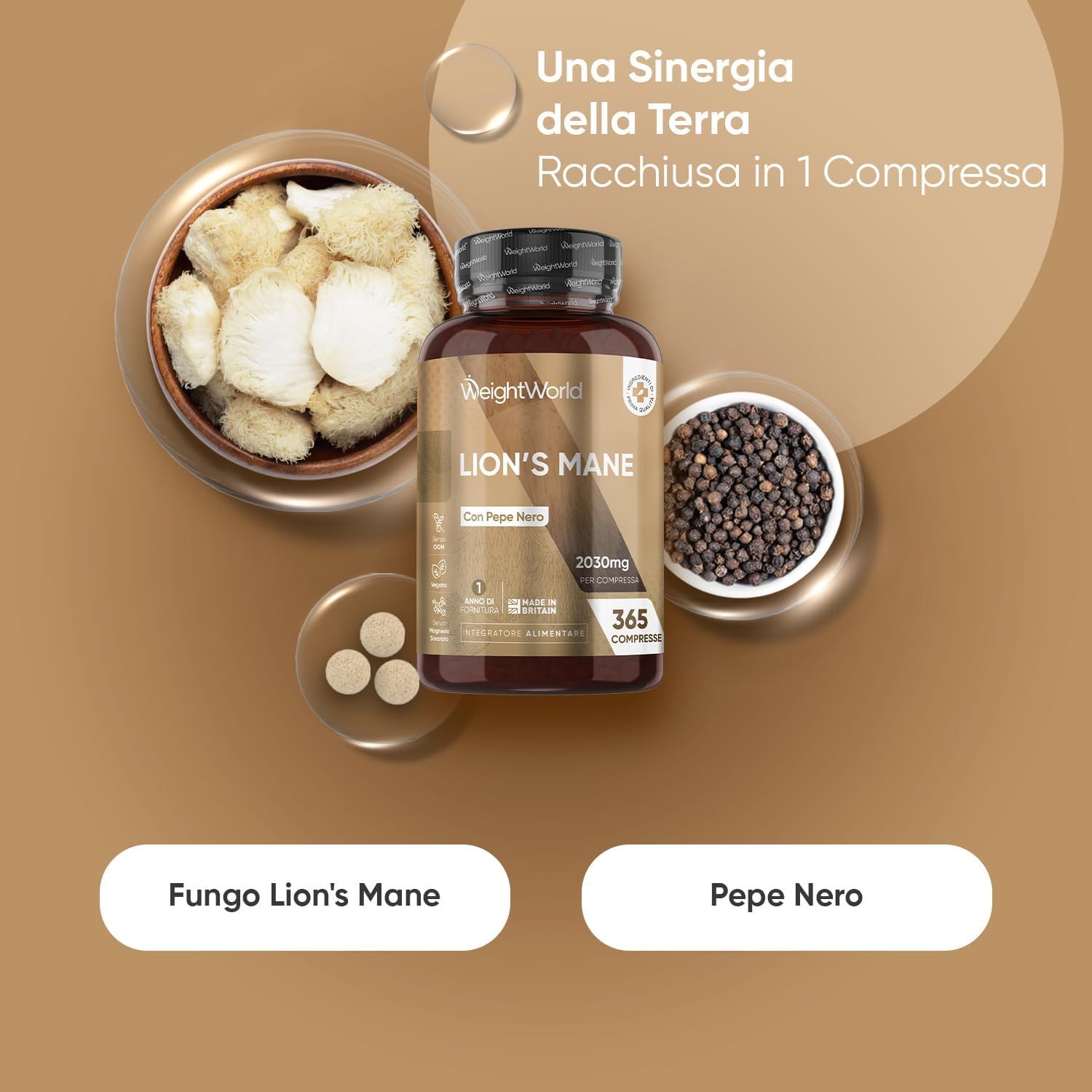 Immagine del prodotto con ingredienti. Testo: Lion's Mane. Con pepe nero. 365 compresse. Fungi Lion's Mane.