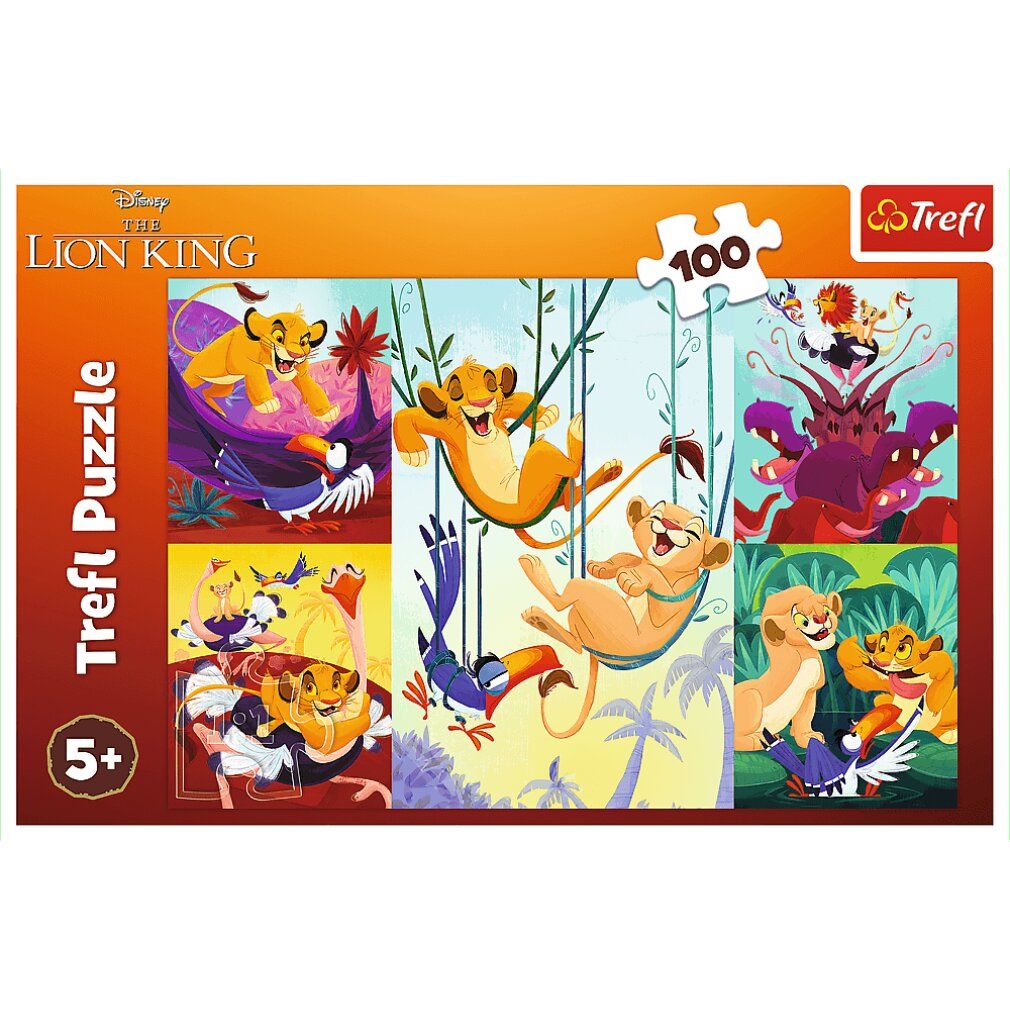 Scatola puzzle "Il Re Leone" con 100 pezzi. Marchio Trefl, logo Disney, età consigliata 5+.