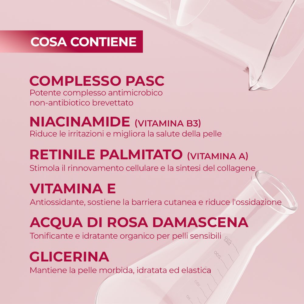 Testo con ingredienti di ACNAUT ACTIVE CREAM. Contiene, tra gli altri, niacinamide, vitamina E, acqua di rose.