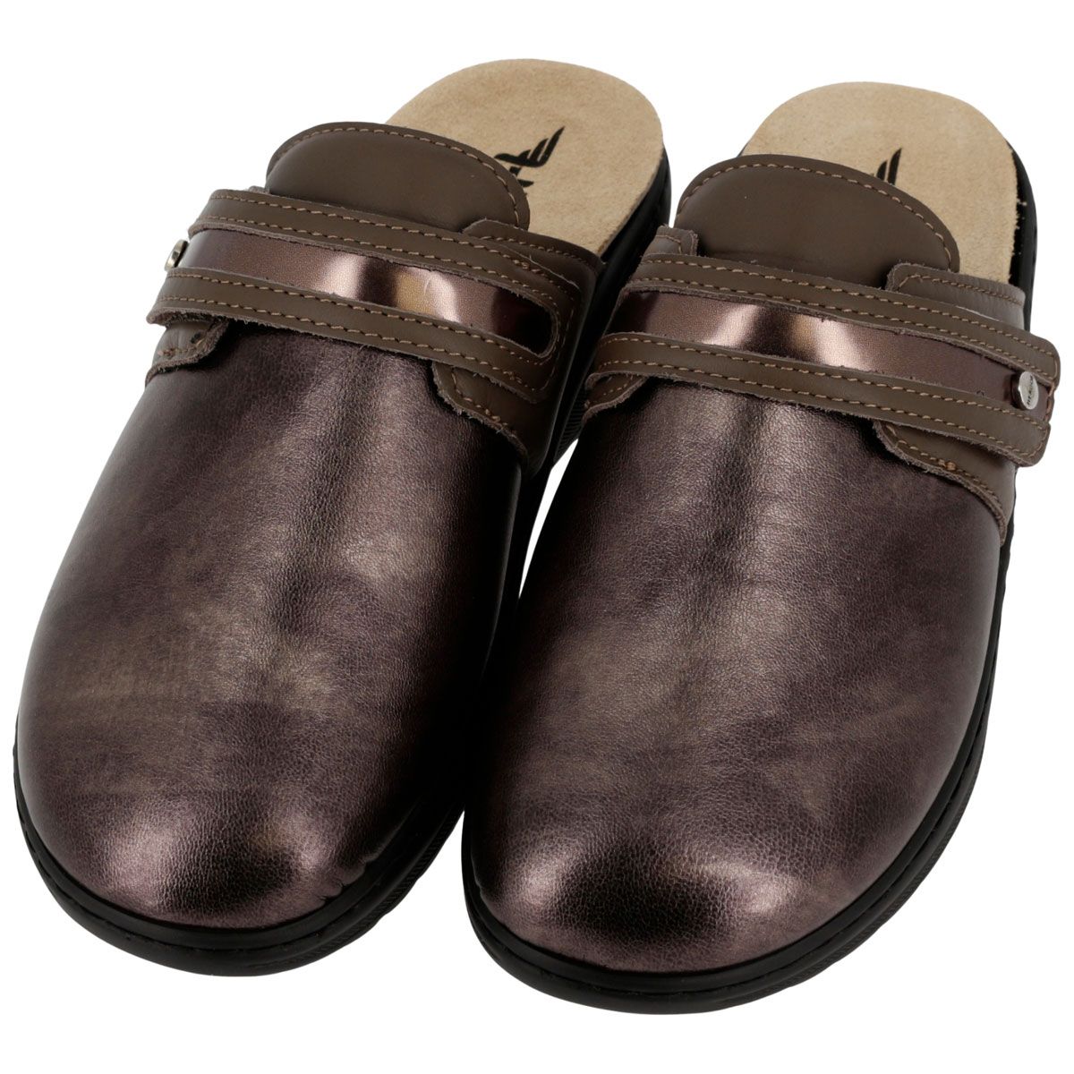 Due sandali Hergos H3503 in tessuto elastico. Tomaia marrone metallizzato, cinturino regolabile, suola nera.