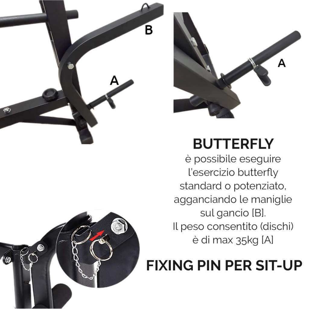 Vista dettagliata della panca fitness. Funzione butterfly e perno di fissaggio per sit-up. Testo: 'BUTTERFLY' e 'FIXING PIN PER SIT-UP'.