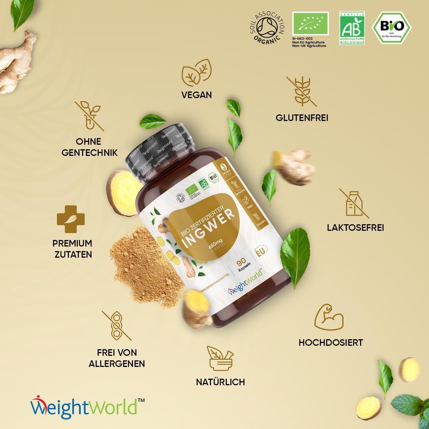Immagine del prodotto con flacone di capsule di zenzero. Sigilli: Vegano, Senza glutine, Senza lattosio, Senza OGM, Ingredienti premium, Naturale, Ad alto dosaggio.