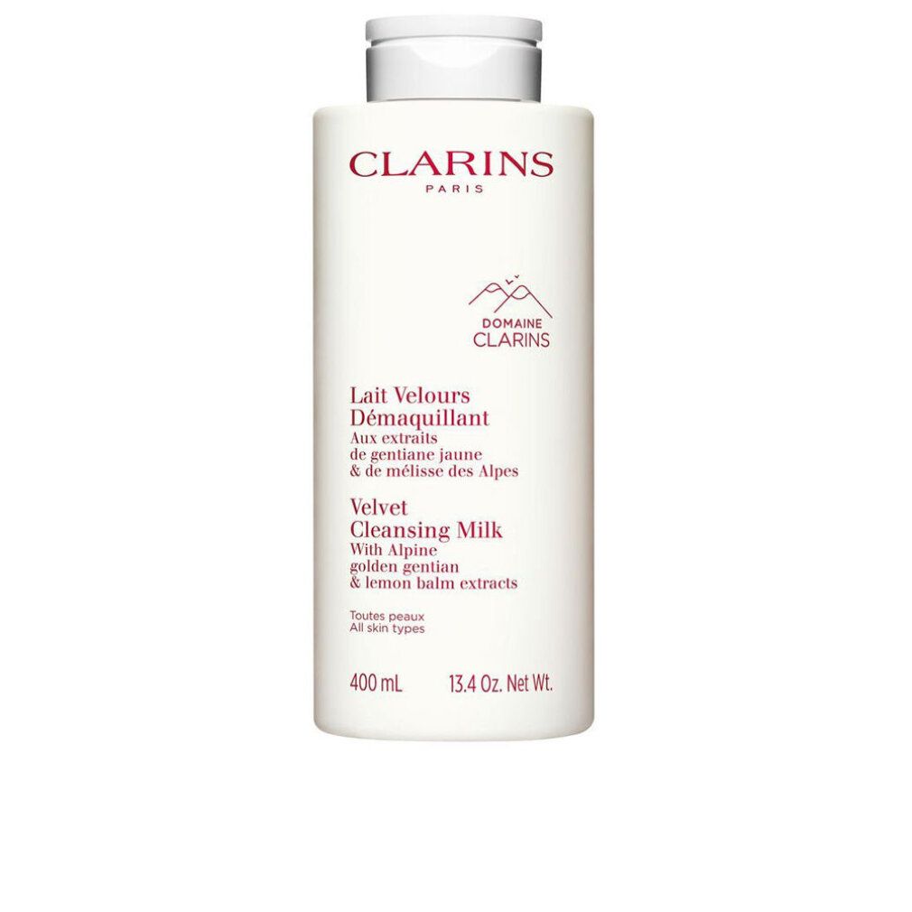 Flacone bianco con testo rosso. Clarins Paris, Lait Velours Démaquillant, Velvet Cleansing Milk. 400 ml.