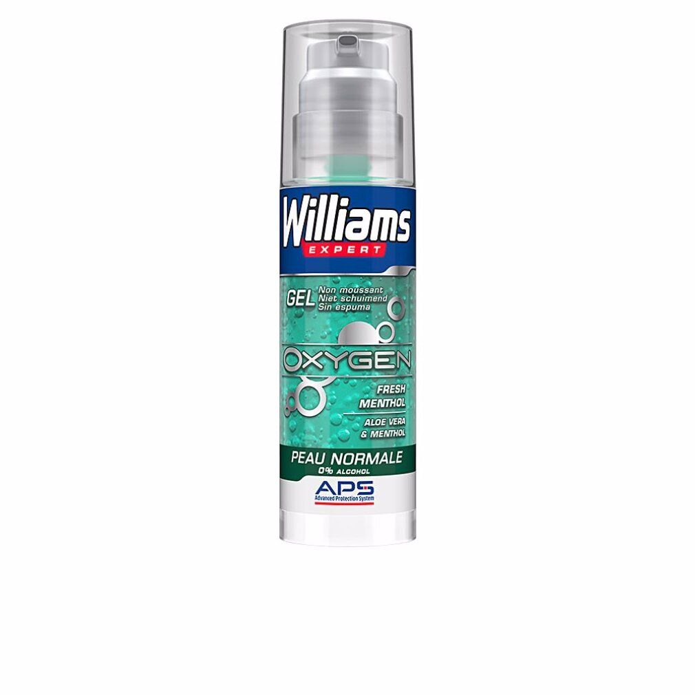 Flacone di gel con pompa. Scritta: Williams Expert, Oxygen, Fresh Menthol, Aloe Vera & Menthol, Peau Normale.