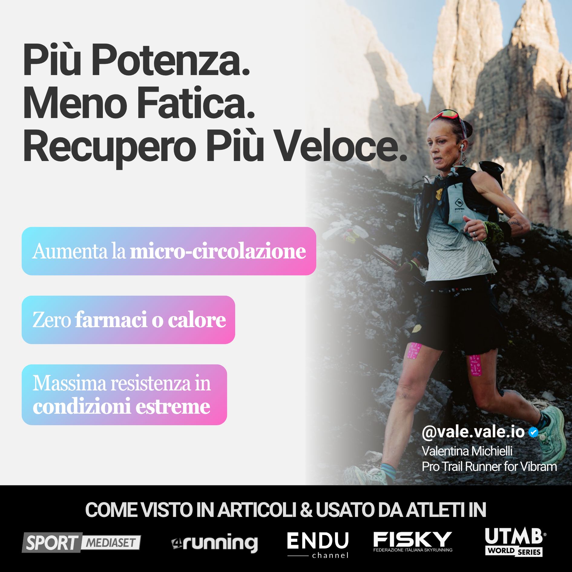 Corridora con cerotti sportivi sulle gambe. Testo: Più Potenza. Meno Fatica. Recupero Più Veloce. Loghi e social media.