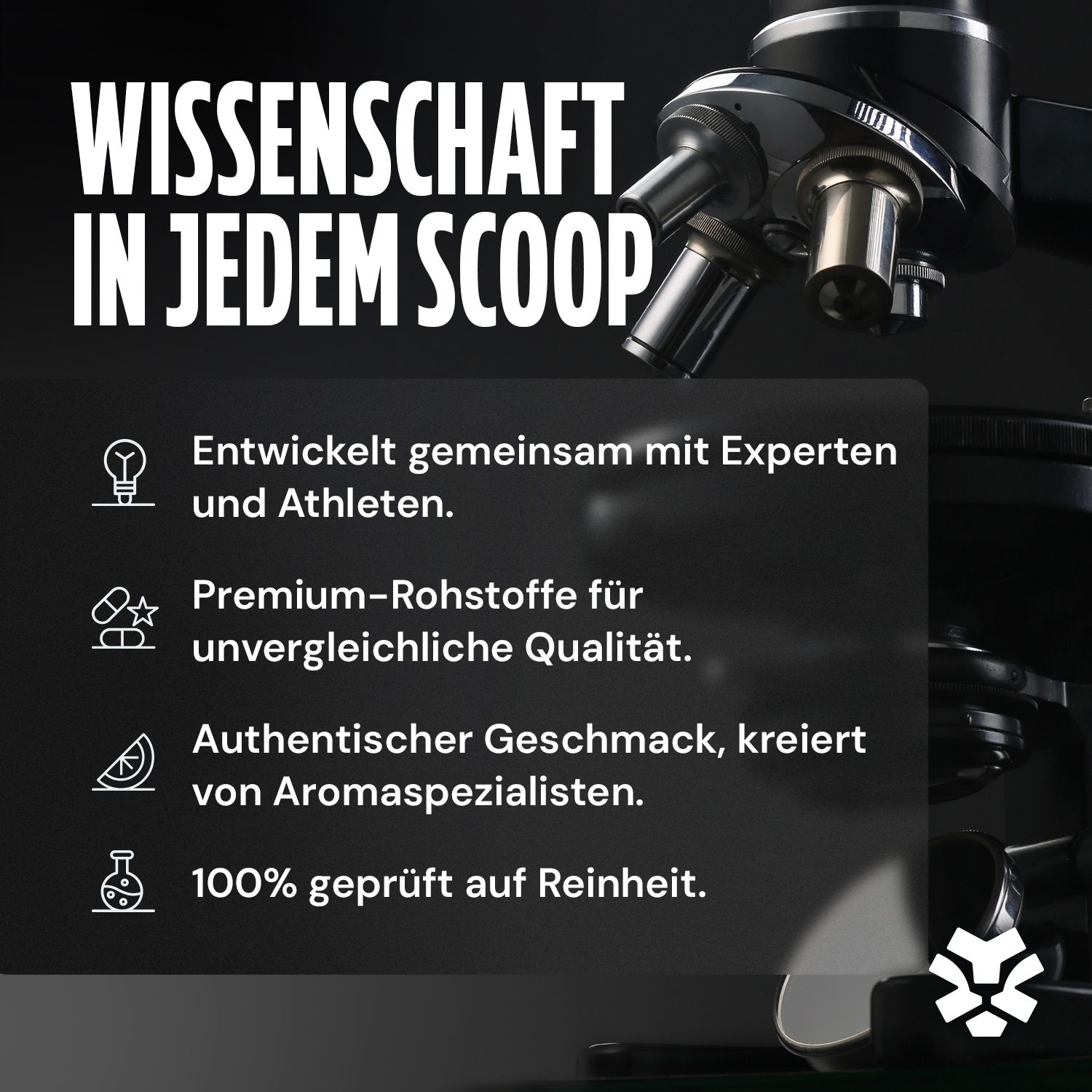 Microscopio. Testo: « WISSENSCHAFT IN JEDEM SCOOP ». Elenco: esperti, materie prime premium, gusto autentico, purezza.