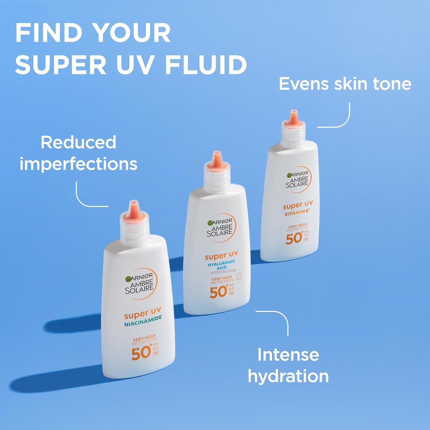 Tre flaconi Garnier Ambre Solaire Super UV. Testo: Riduce le imperfezioni, uniforma il tono della pelle, idratazione intensa.