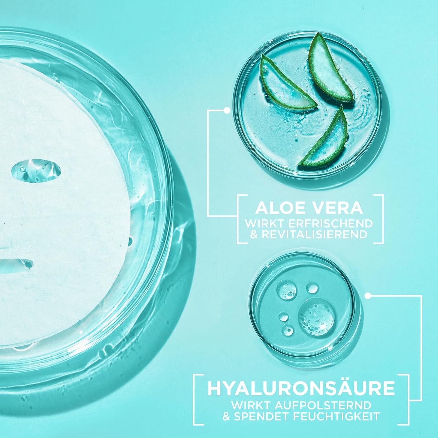 Maschera viso e componenti Aloe Vera e acido ialuronico in ciotole. Testo: Aloe Vera, acido ialuronico.