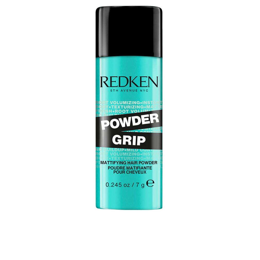 Flacone turchese con tappo nero. Scritta Redken, Powder Grip. Polvere opacizzante per capelli.