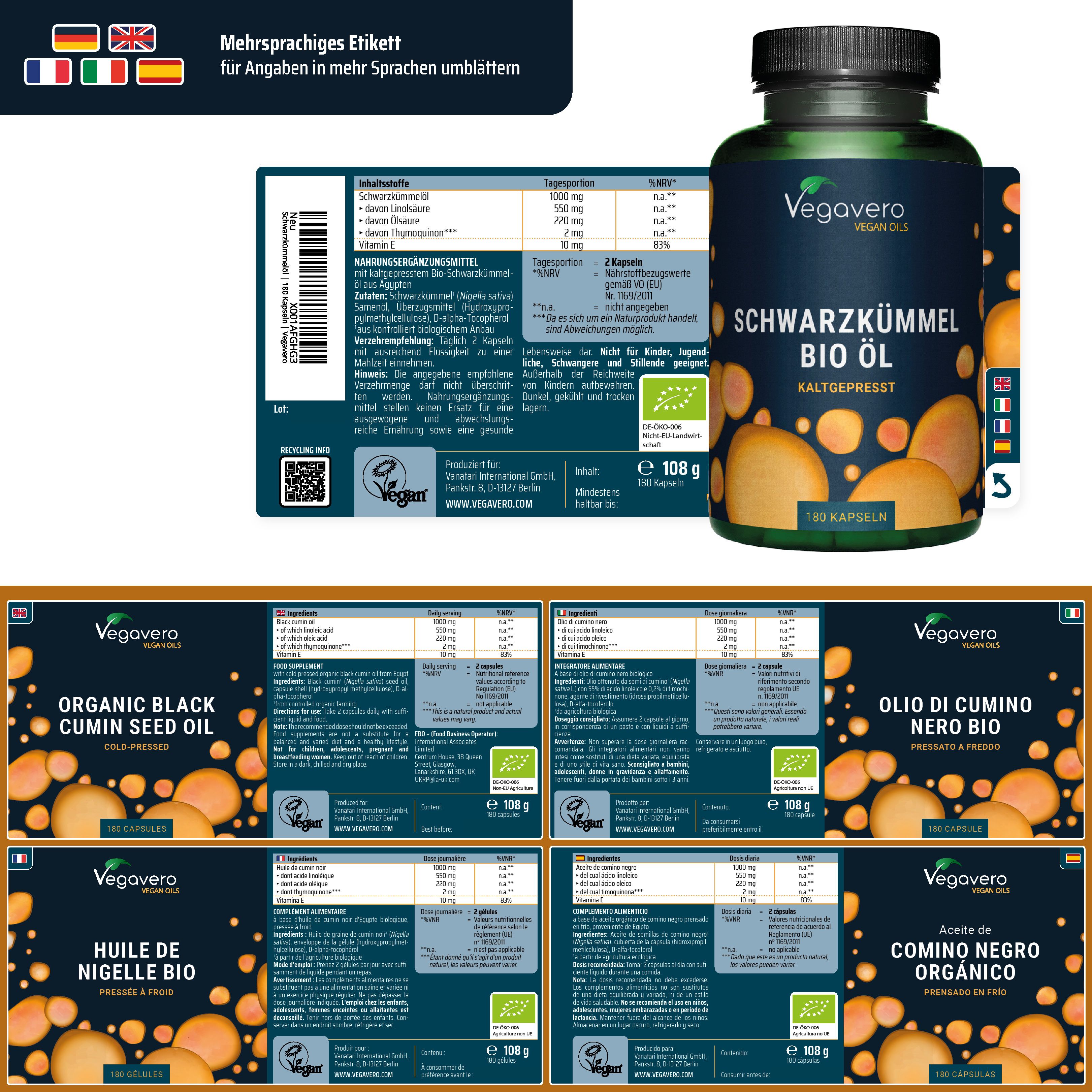 Etichetta multilingue con informazioni sul prodotto. Diverse etichette con VEGAVERO Schwarzkümmel BIO Öl e ingredienti.