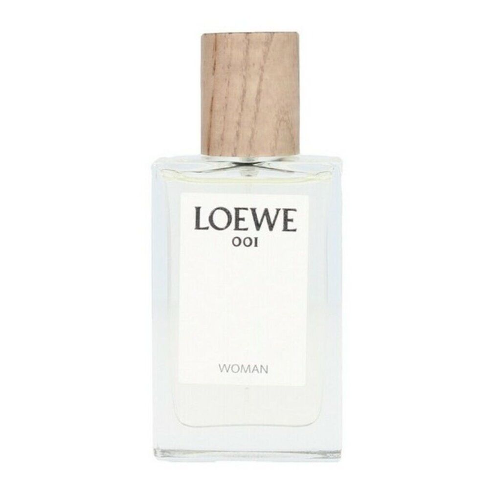 Loewe 001 Woman Eau de Parfum. Flacone di vetro rettangolare con tappo in legno. Etichetta bianca con logo e testo.