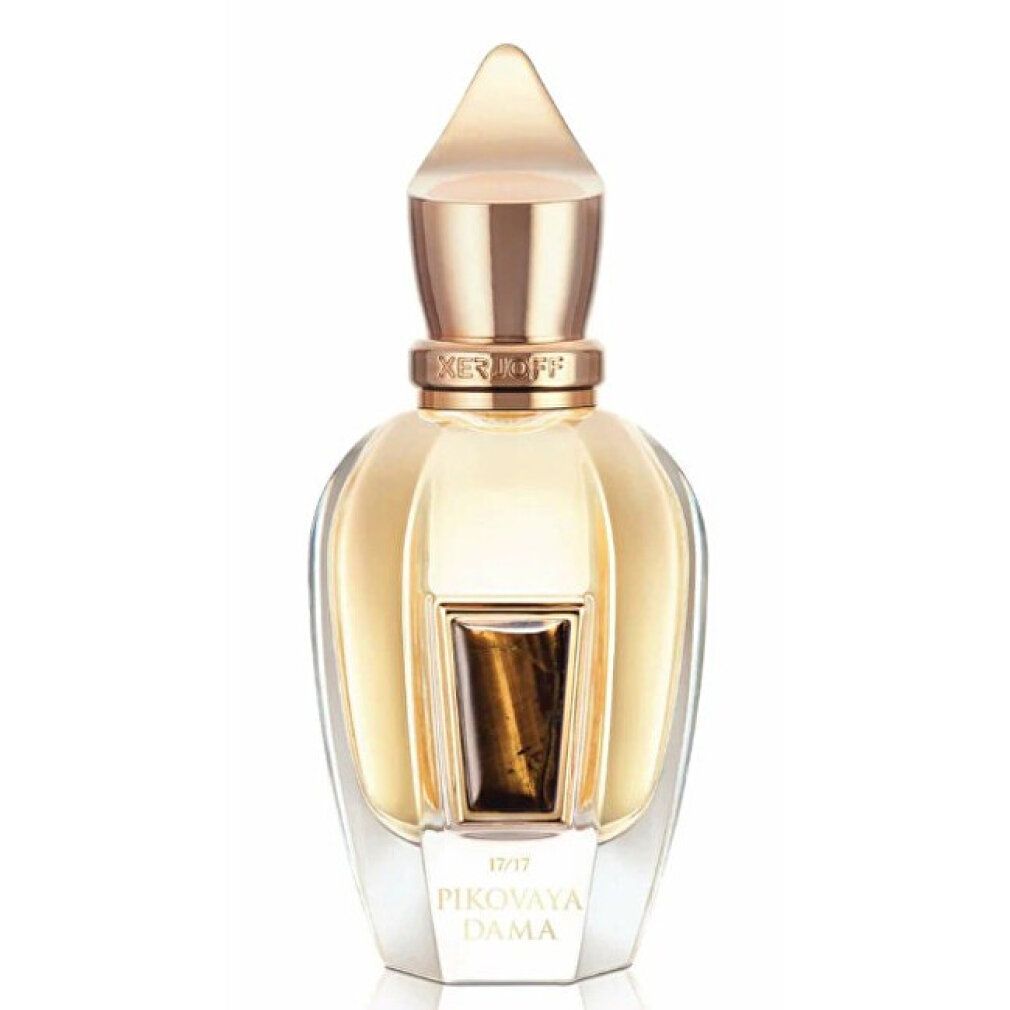 Flacone di profumo. Tappo dorato, contenuto dorato. Flacone con etichetta rettangolare. Scritta: PIKOVAYA DAMA.