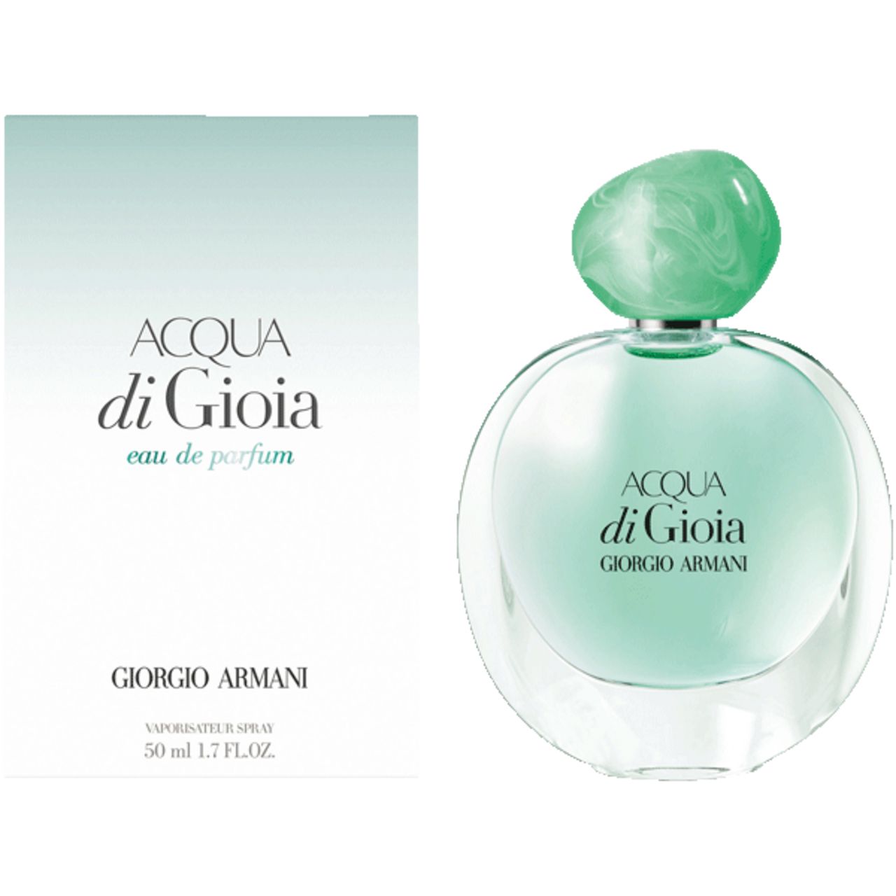 Flacone e confezione di ACQUA di GIOIA. Vetro rotondo, tappo verde. Scritta: ACQUA di GIOIA, GIORGIO ARMANI. Confezione accanto.