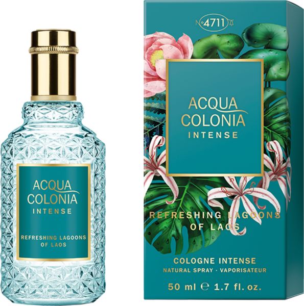 Flacone di profumo e confezione. Flacone: azzurro chiaro, tappo dorato. Confezione: verde-blu, floreale. Scritta: Acqua Colonia Intense.