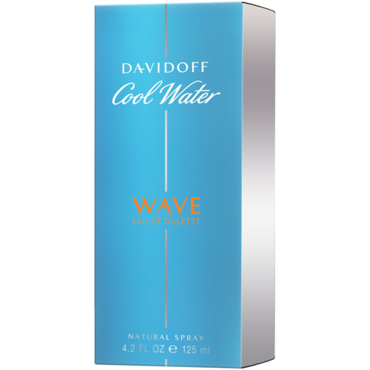 Confezione Davidoff Cool Water Wave EdT. Blu, lato argentato. Nome prodotto e Wave. 4.2 FL OZ e 125 ml.