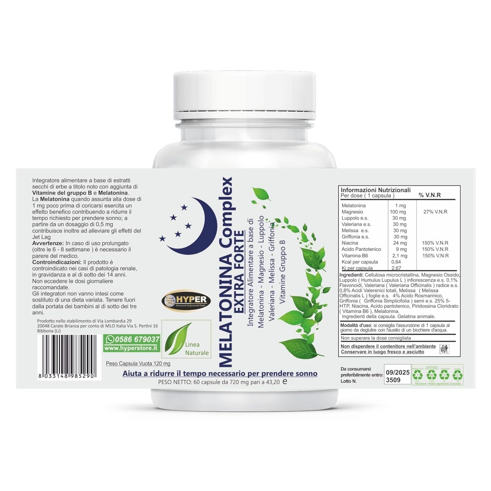 Retro di un flacone bianco. Etichetta del prodotto con ingredienti, informazioni nutrizionali e avvertenze. Testo: HYPER Melatonina Complex Extra Forte.