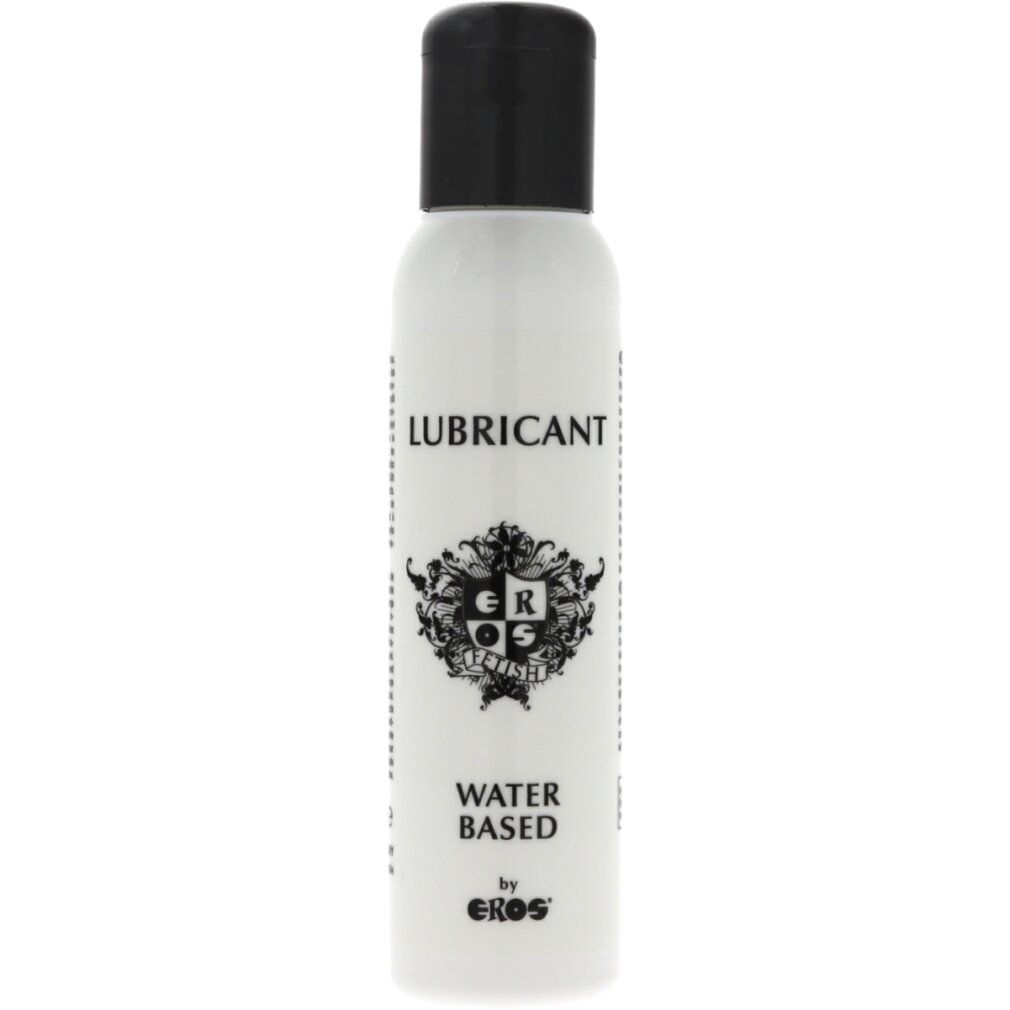 Flacone bianco con tappo nero. Scritta: LUBRICANT, WATER BASED, by EROS. Logo.