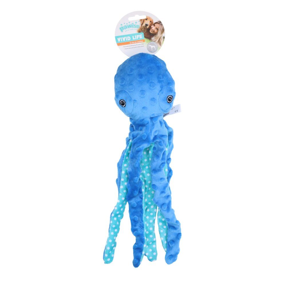 Polpo di peluche blu con pois azzurri sui tentacoli. Etichetta Pawise Vivid Life.