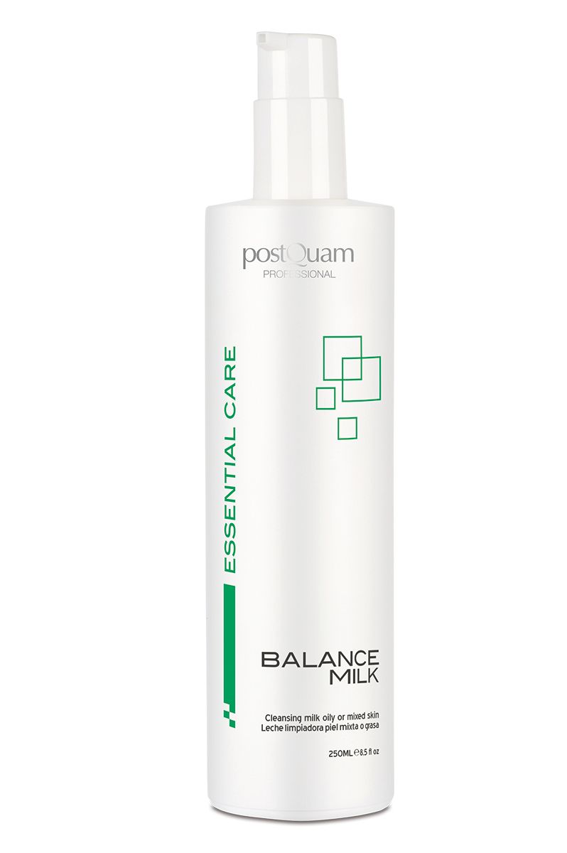Flacone bianco con dosatore. Scritta: Postquam, Essential Care, Balance Milk. Testo: Latte detergente per pelli miste. Accenti verdi.