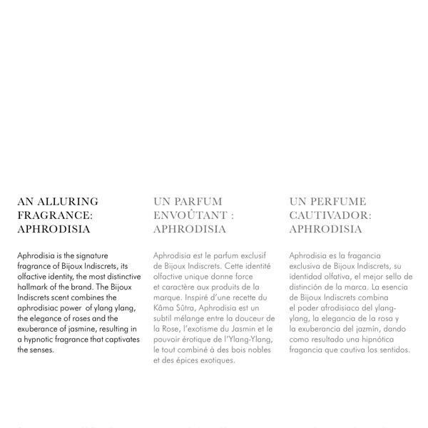 Estratti di testo in inglese, francese e spagnolo. Titoli: An Alluring Fragrance: Aphrodisia, Un Parfum Envoûtant: Aphrodisia, Un Perfume Cautivador: Aphrodisia.