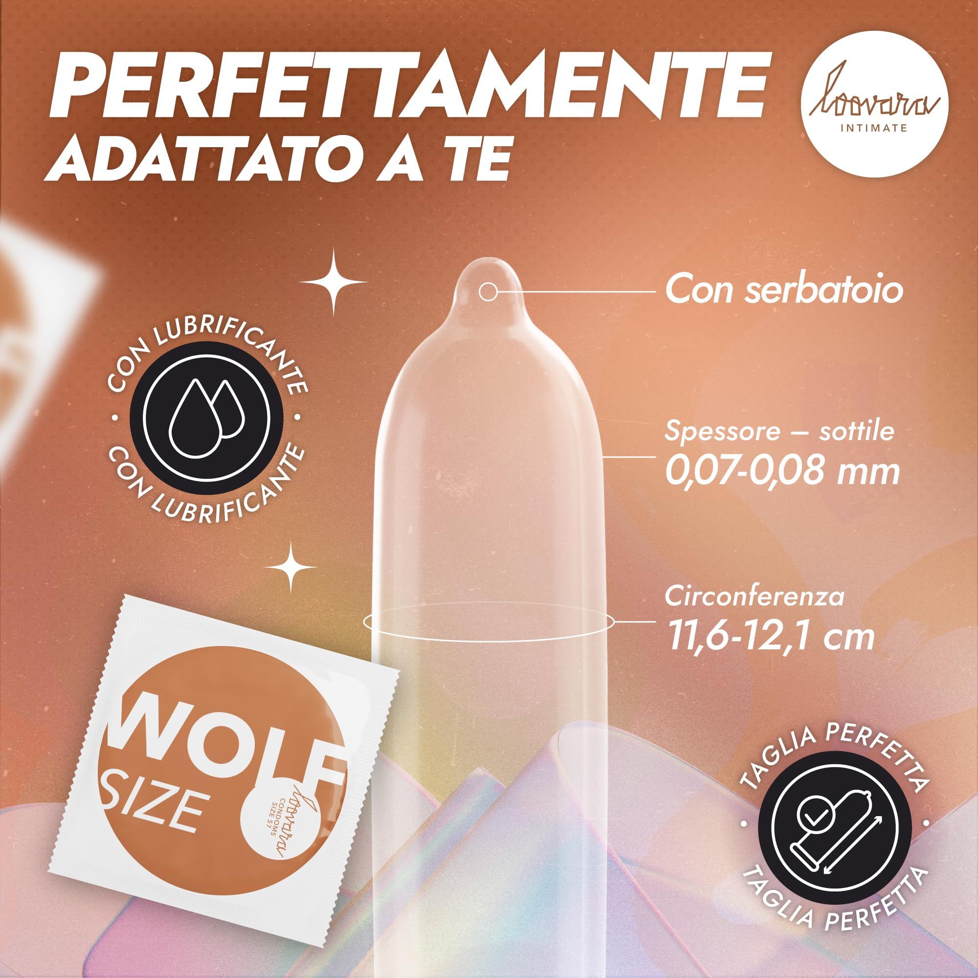 Preservativo Loovara: Perfettamente adattato, con serbatoio, sottile, circonferenza 11,6-12,1 cm.