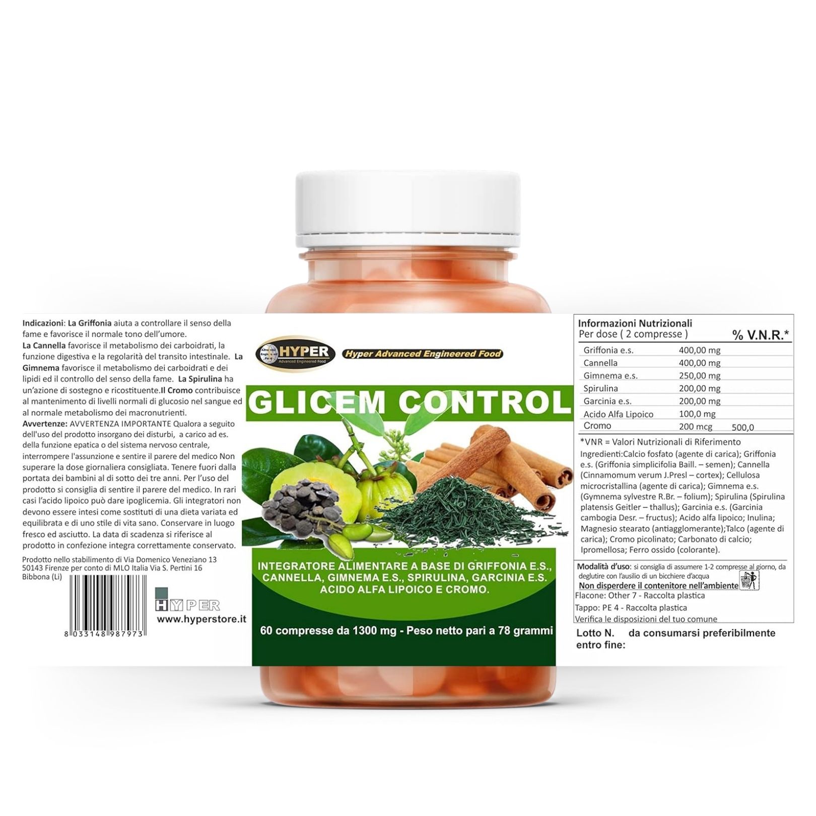 Flacone di prodotto con compresse. Etichetta con nome prodotto Glicem Control, ingredienti e informazioni nutrizionali. 90 compresse.