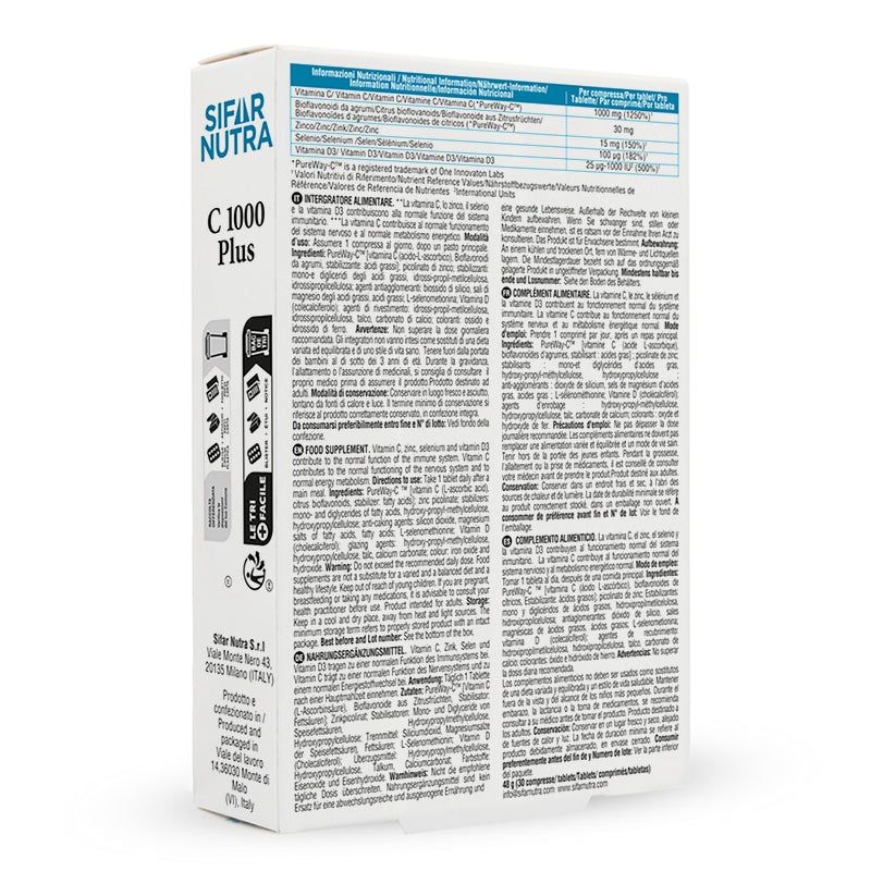 Retro della scatola "Sifar Nutra C 1000 Plus". Testo multilingue. Contiene informazioni sugli ingredienti e i valori nutrizionali.