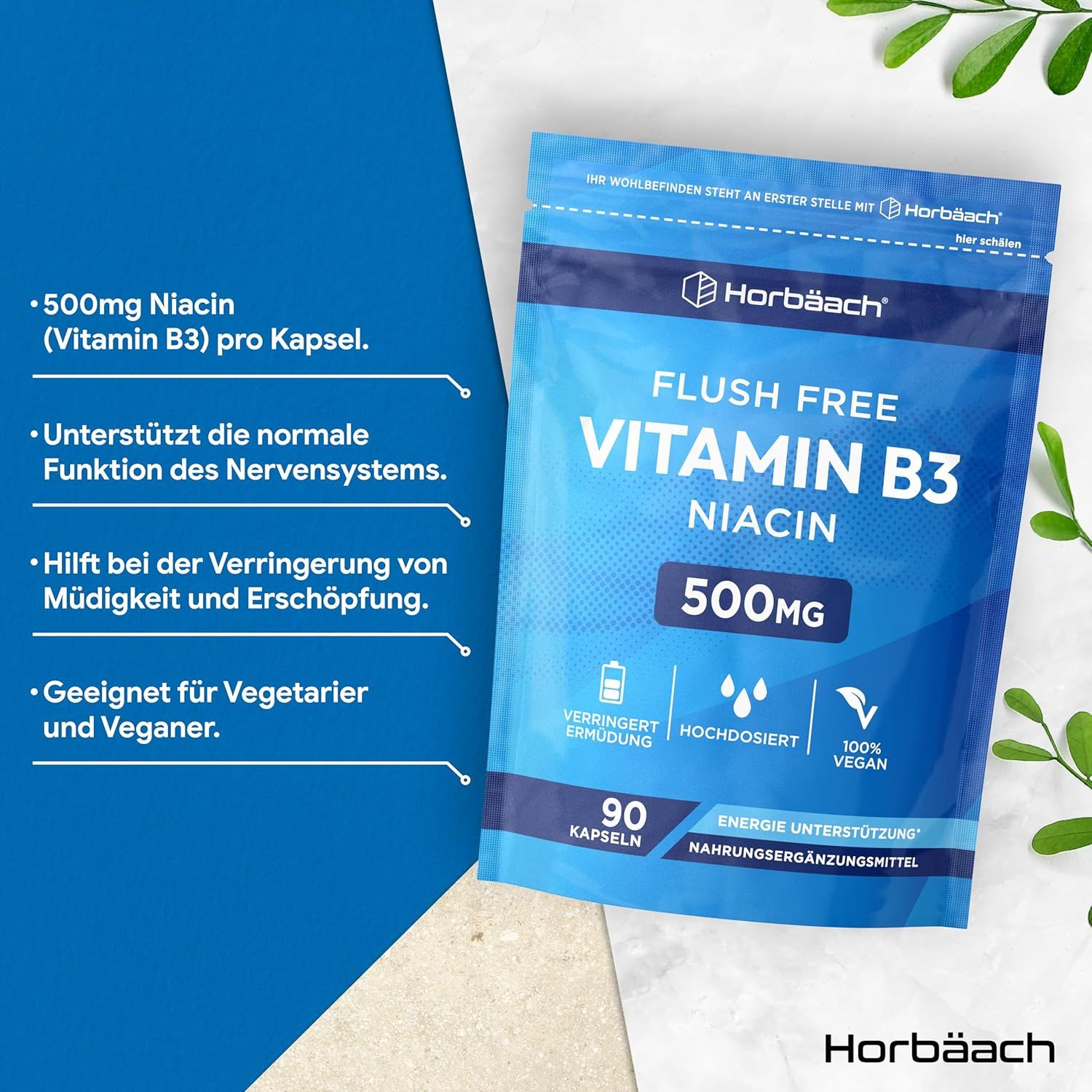 Confezione blu con Vitamina B3 Niacina 500mg, 90 capsule. Vegano. Horbaach. Testo: 500mg Niacina per capsula.