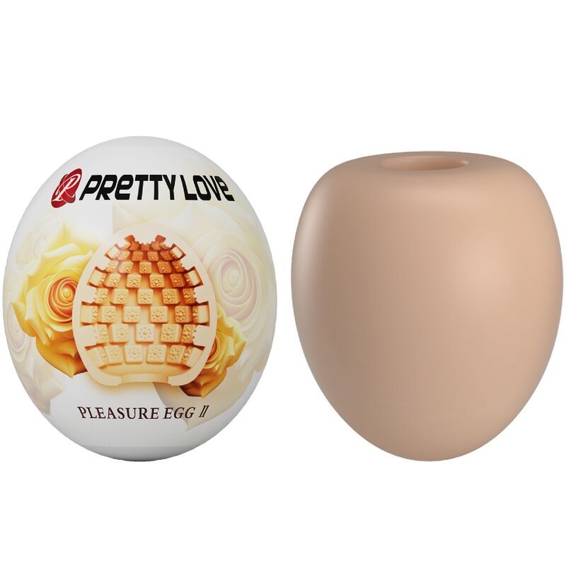 Masturbatore a forma di uovo, beige, con texture interna. Accanto, la confezione con motivo floreale e nome del prodotto.