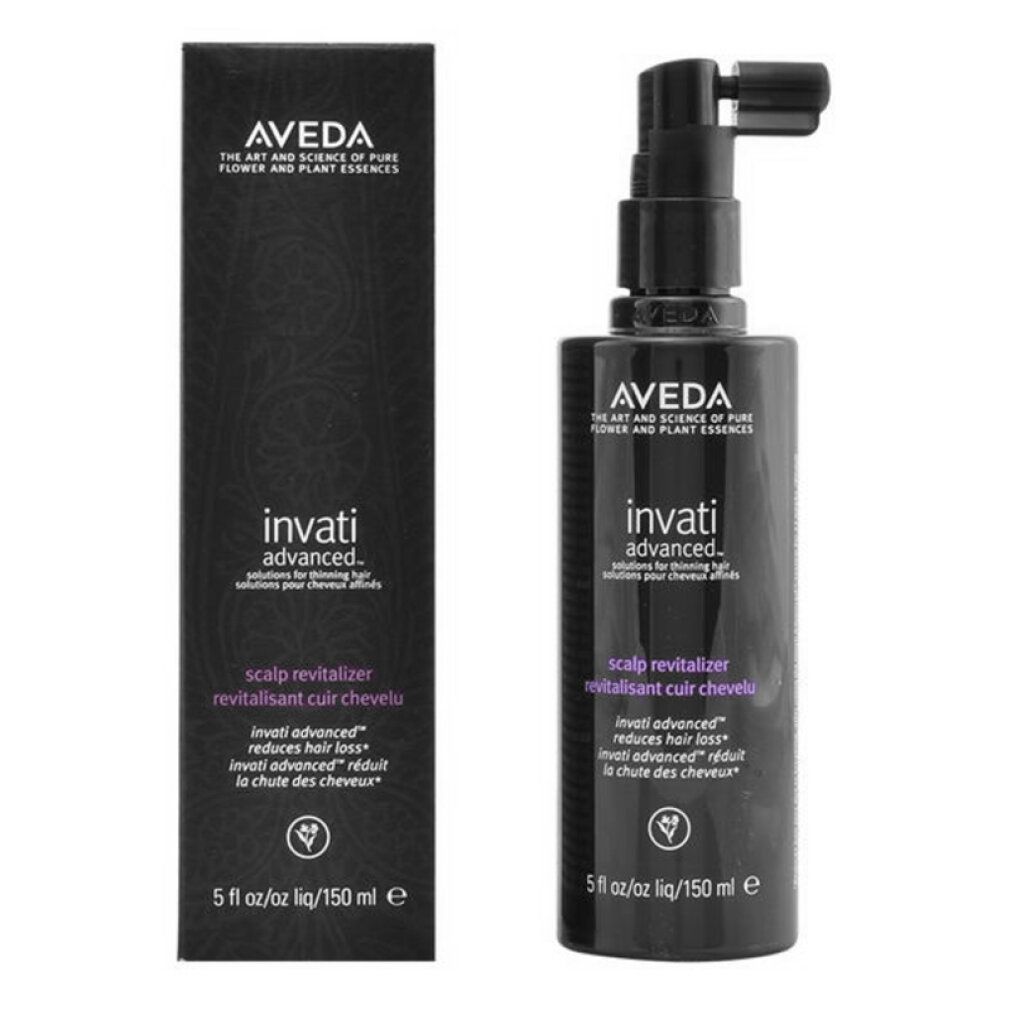 Aveda Invati Advanced Scalp Revitalizer. Flacone e confezione. Flacone nero, testo viola. Nome del prodotto e marchio visibili.