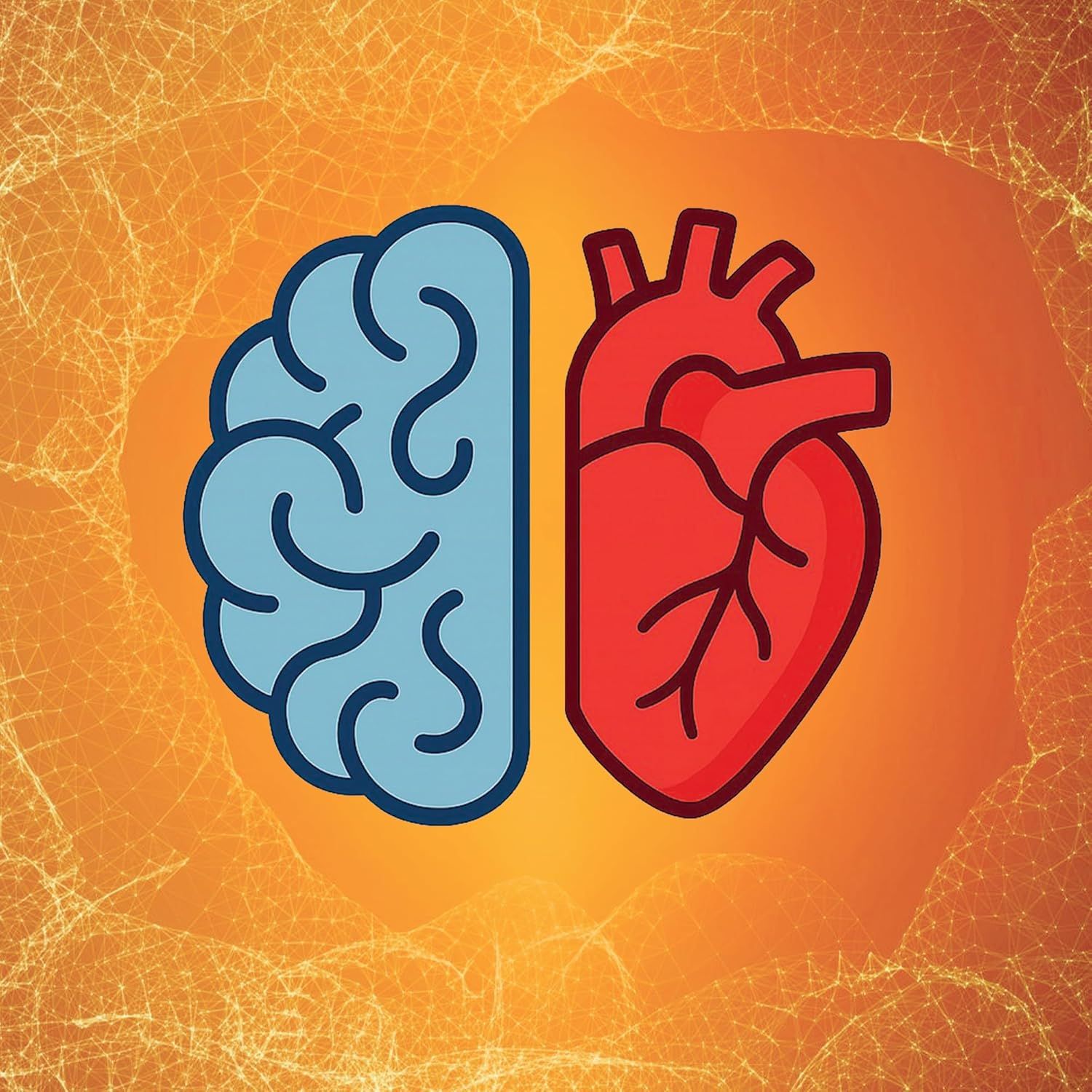 Grafica: cervello blu e cuore rosso su sfondo arancione.