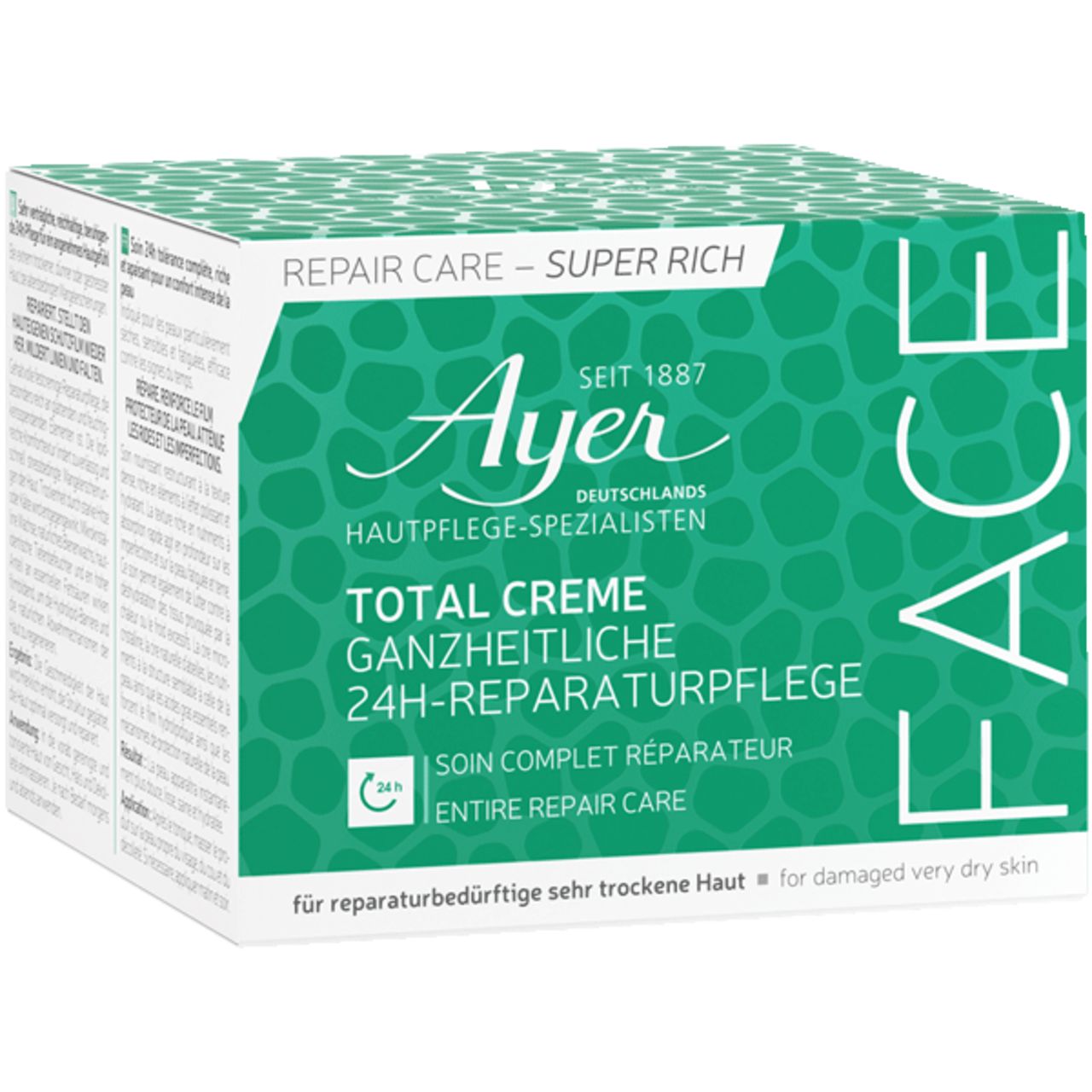 Confezione Ayer Total Creme. Scritta: Cura riparatrice 24H. Confezione verde e bianca. Testo: per pelle molto secca danneggiata.
