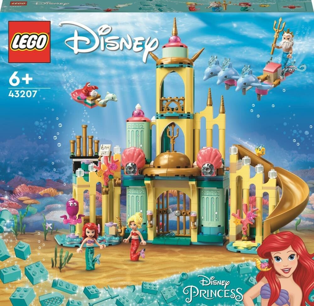 LEGO Disney Il Palazzo Sottomarino di Ariel. Il set mostra un castello giallo e turchese con scivolo, sirene e personaggi. Il set è adatto a bambini dai 6 anni in su. La confezione è visibile.