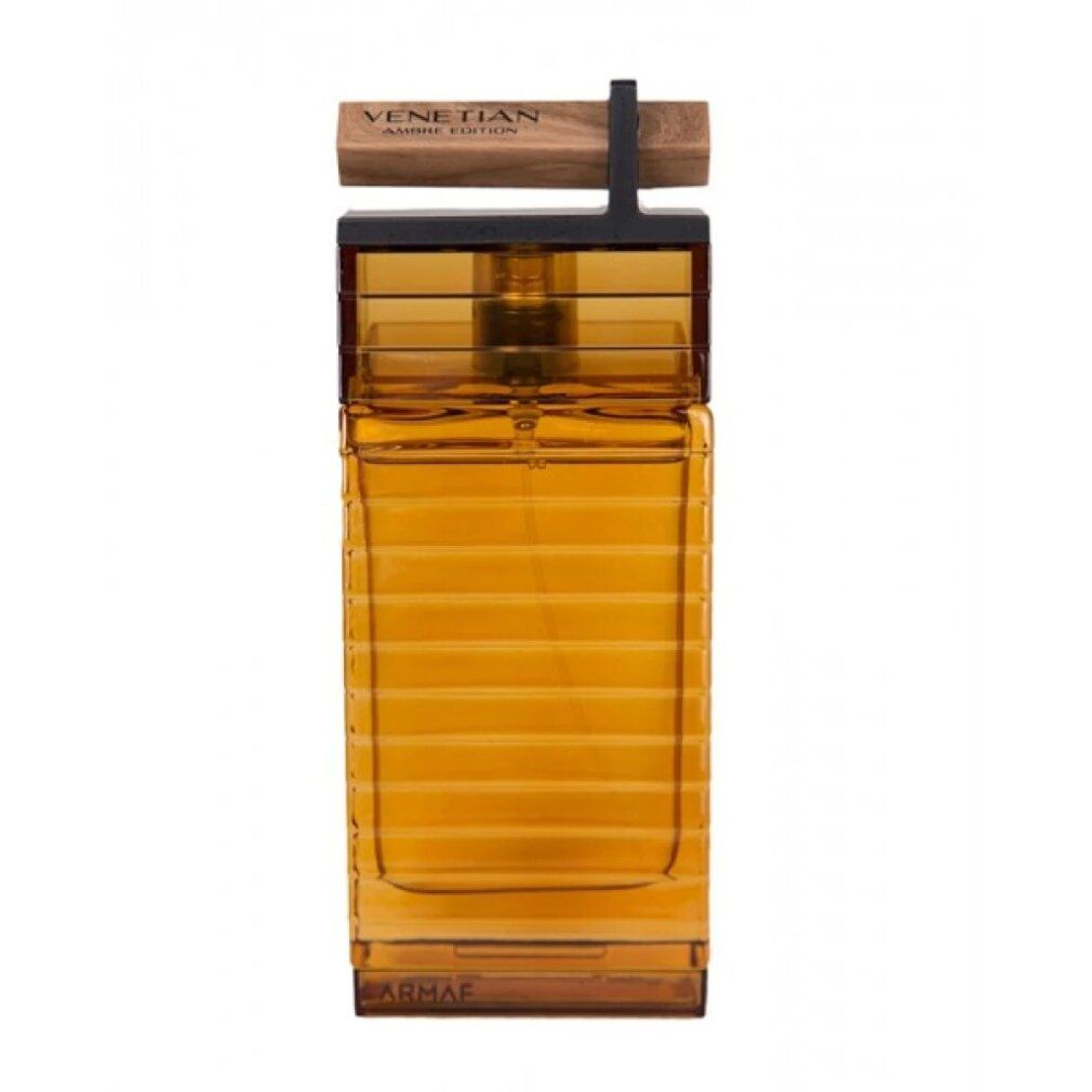 Flacone di profumo. Flacone rettangolare ambrato con tappo in legno. Scritta: Venetian Ambre Edition. Marchio: Armaf.