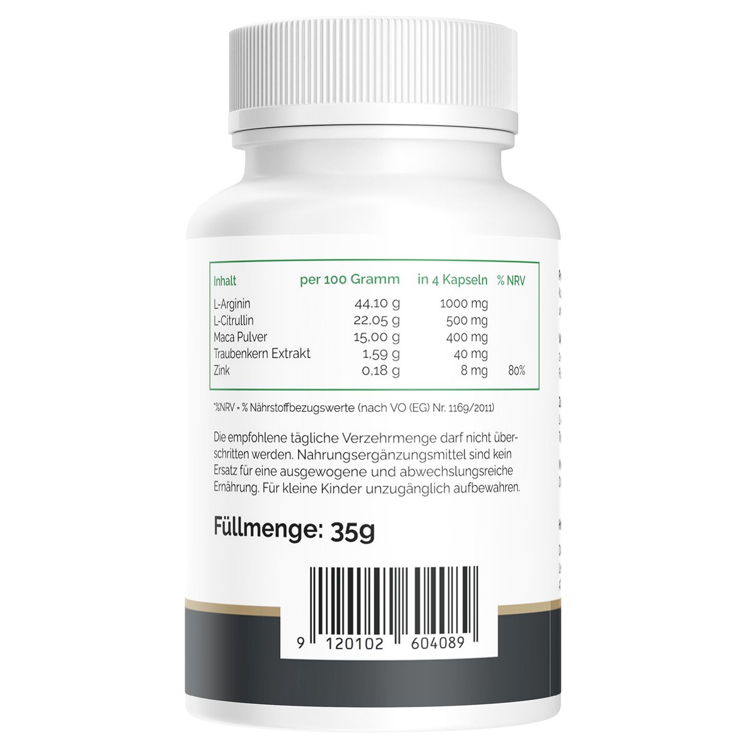 Retro di un flacone di capsule Starker Held con valori nutrizionali per 100g e 4 capsule, e quantità di riempimento.