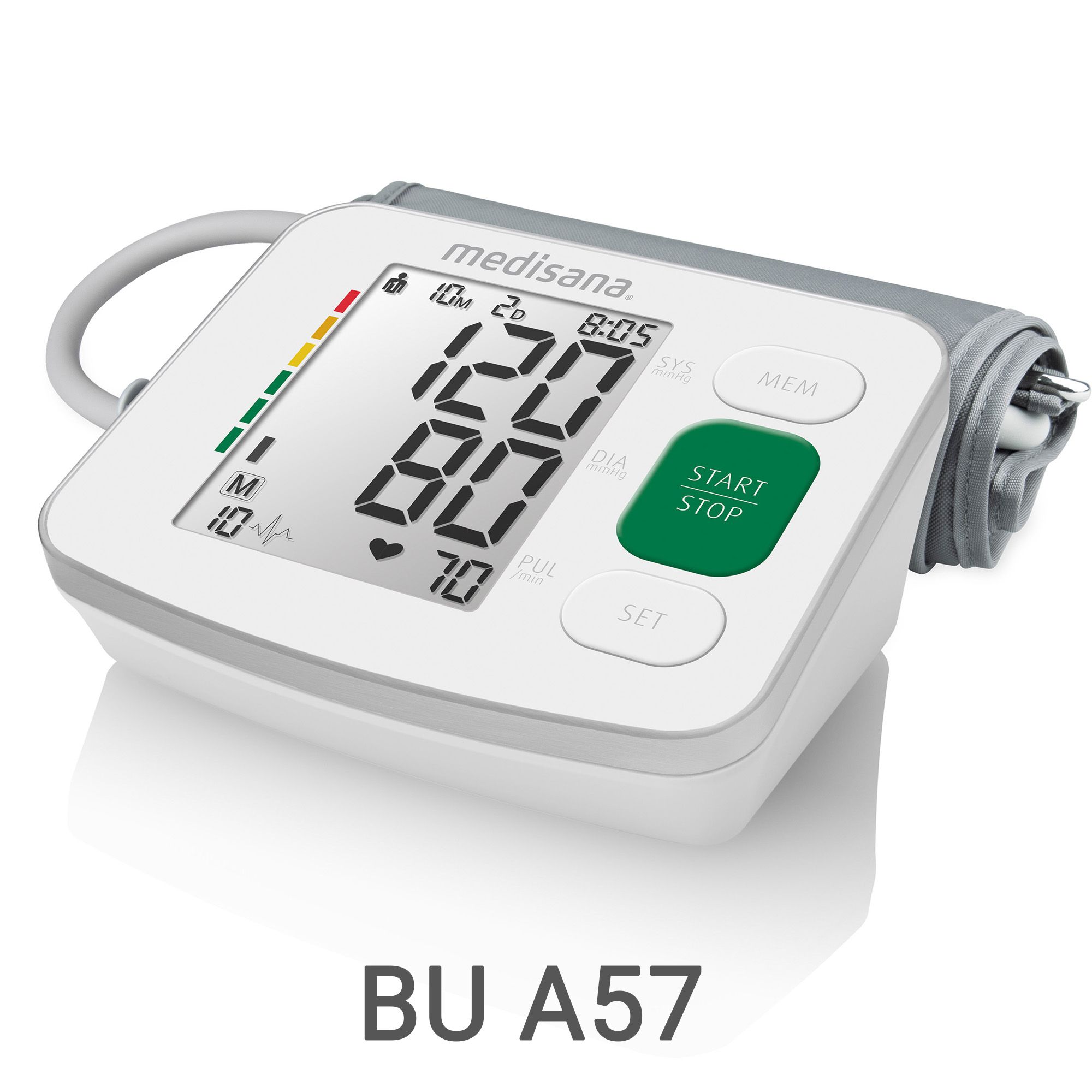 Misuratore di pressione Medisana BU A57 con display digitale per pressione sistolica, diastolica e polso.