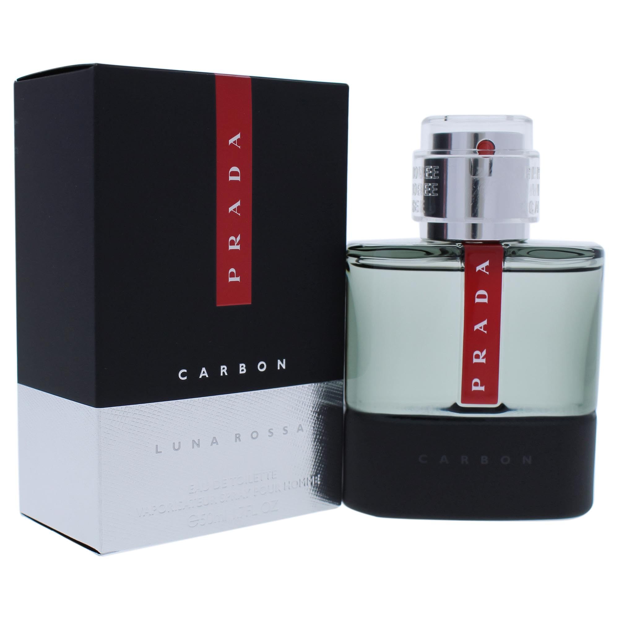 Scatola nera con striscia rossa e scritta PRADA. Flacone con striscia rossa e scritta CARBON.