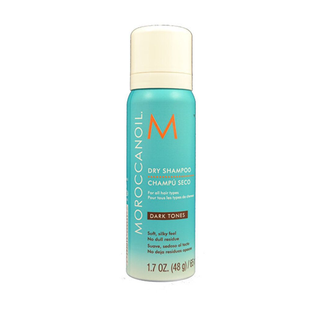 Flacone spray turchese con tappo color crema. Scritta: Dry Shampoo, Dark Tones. Marchio: Moroccanoil. Contenuto: 1.7 oz (48 g) / 65 ml.