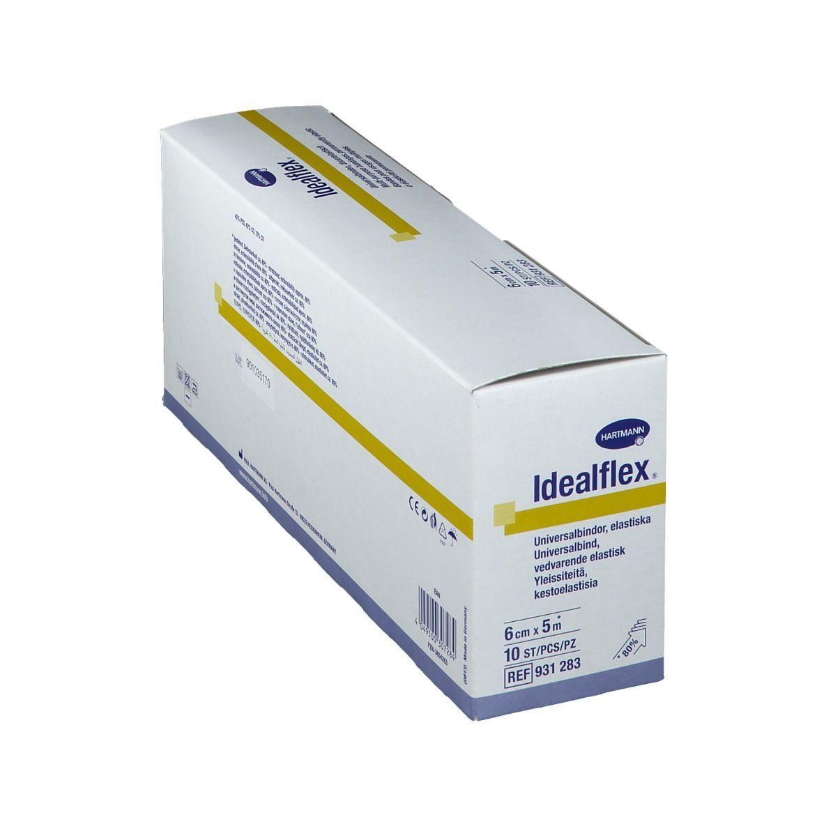 Confezione Hartmann Idealflex. Nome e logo del prodotto. Dimensione: 6 cm x 5 m. Contiene 10 pezzi. Numero di riferimento 931 283.