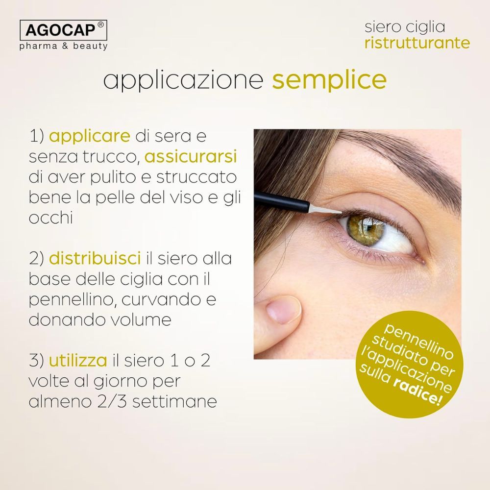 Istruzioni per l'uso. Testo: Applicare sulla linea delle ciglia. Logo Agocap e nome del prodotto.