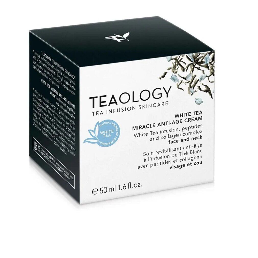 Scatola di crema. La scatola riporta "Teaology", "White Tea Miracle Anti-Age Cream" e "50 ml".