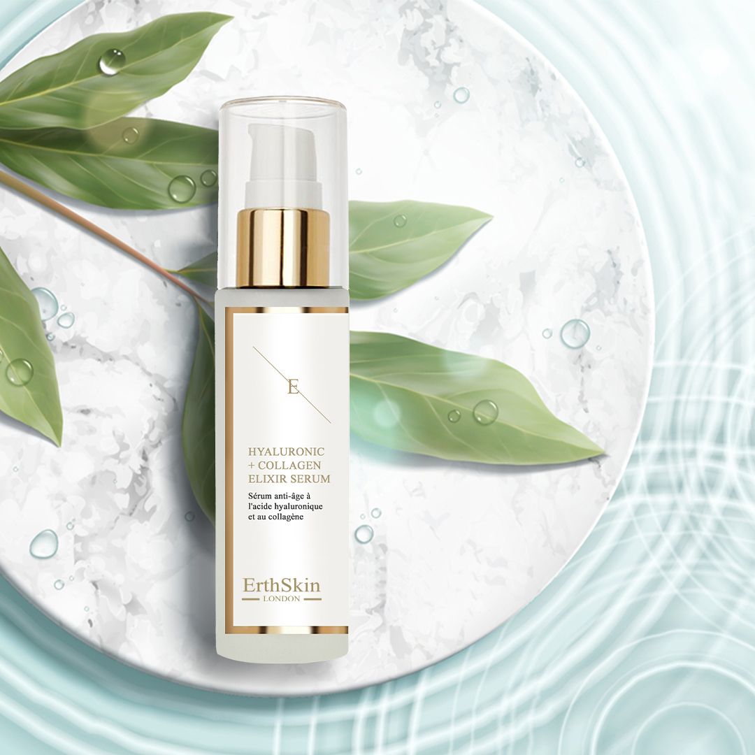 Siero su piatto bianco con foglie. Sul siero: Hyaluronic Acid + Collagen Elixir Serum.