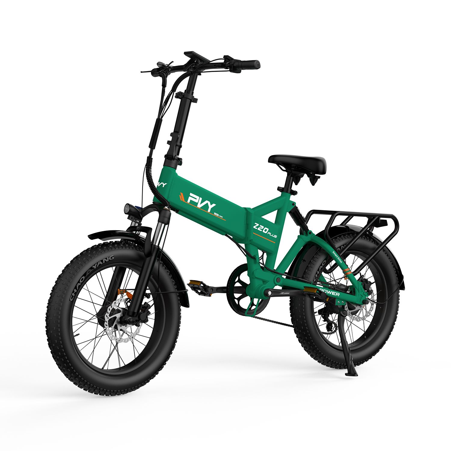 E-bike PVY Z20 Plus verde con tripla sospensione. Pneumatici neri, portapacchi e sella. Scritte visibili.